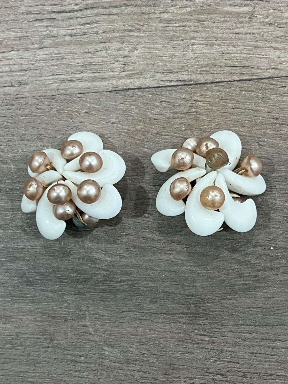 White and Champagne Floral Clip-On Earrings